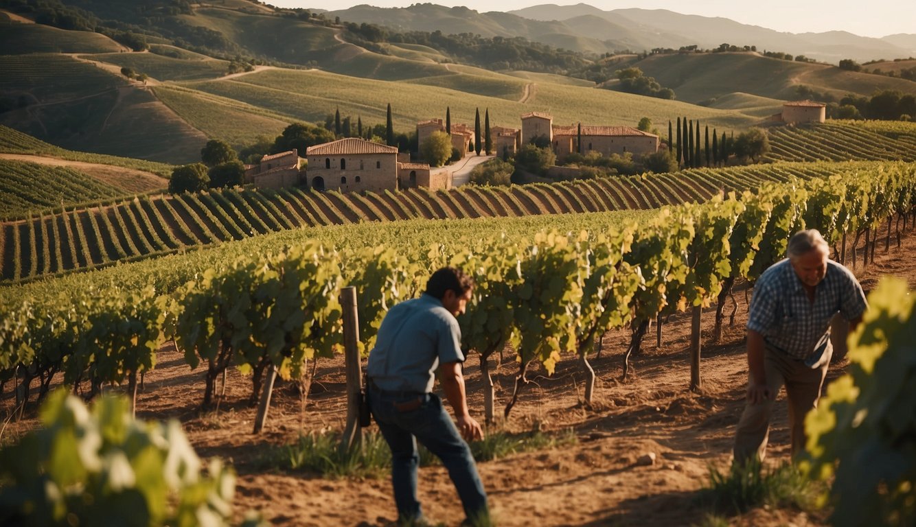 Vineyards stretch across the rolling hills, with workers tending to the grapevines. Roman architecture and aqueducts dot the landscape, showcasing the spread of viticulture through the empire