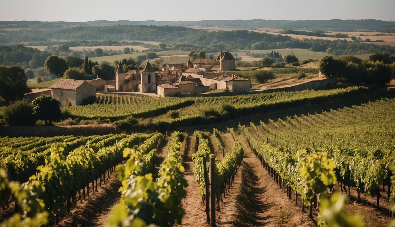 Vineyards stretching across rolling hills, ancient Roman ruins, and medieval chateaus dotting the landscape of Bordeaux, France