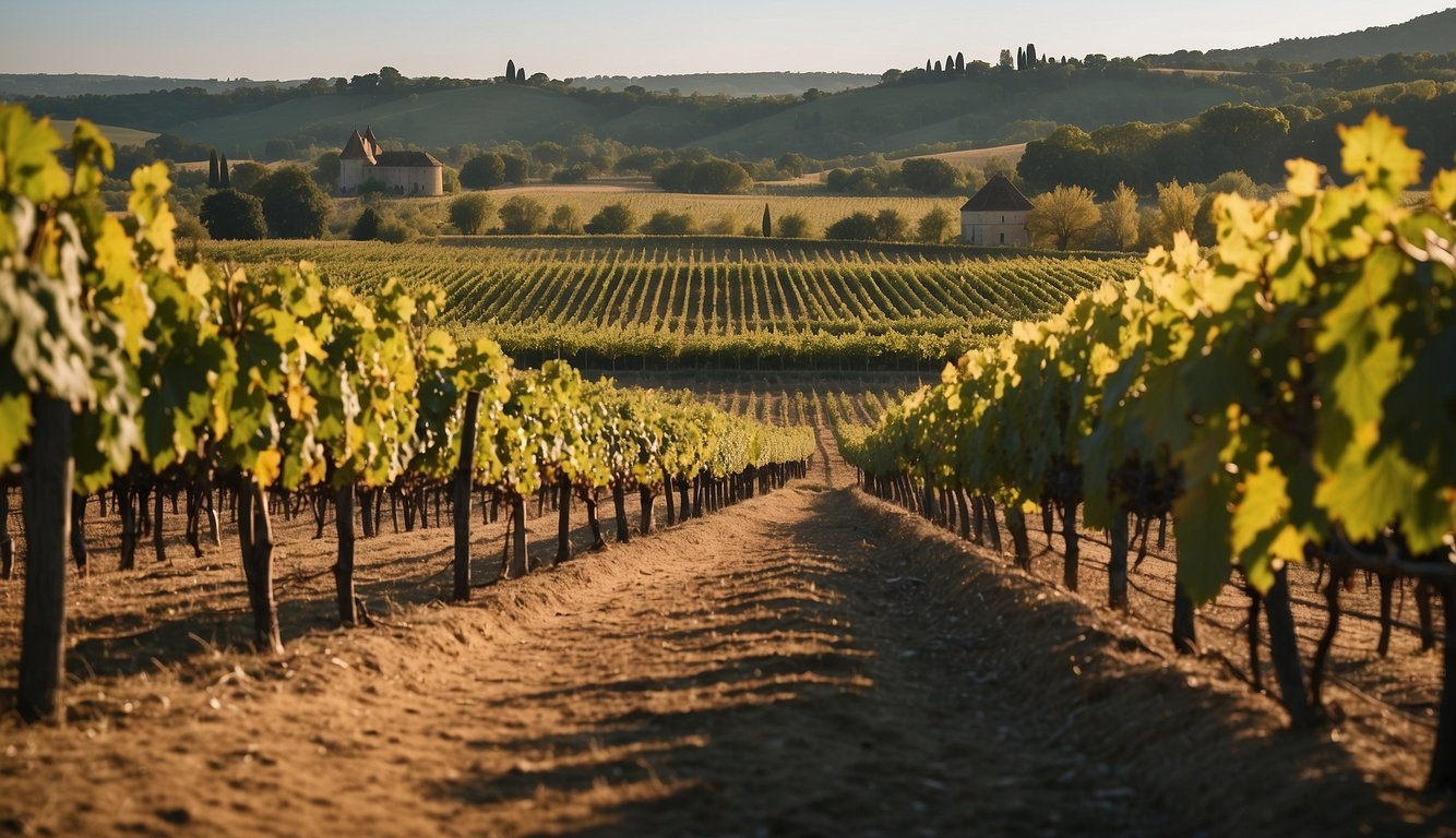 A vineyard in Bordeaux, France, with rolling hills and rows of grapevines stretching into the distance. A modern winery stands in the background, blending traditional and contemporary architecture