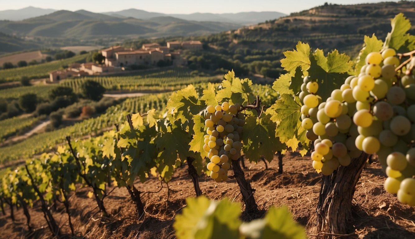 Vineyards stretch across the rolling hills of Spain, with ancient ruins and modern wineries dotting the landscape. Grapes hang heavy on the vines, ready to be harvested and transformed into the country's renowned wines