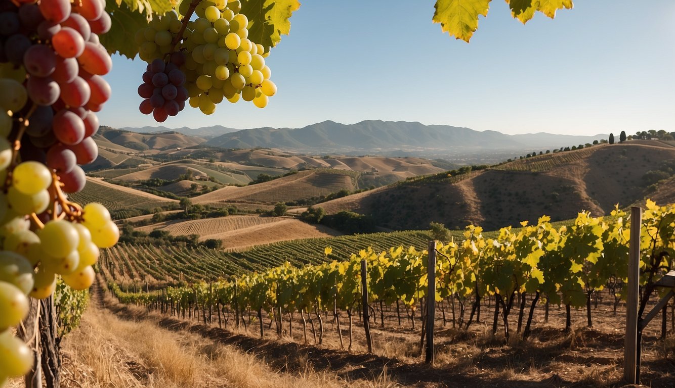 Rolling hills of vineyards stretch across the landscape, basking in the warm Spanish sun. Grapes of various colors and sizes hang from the vines, ready to be harvested. The historic architecture of wineries dot the countryside, blending traditional and modern