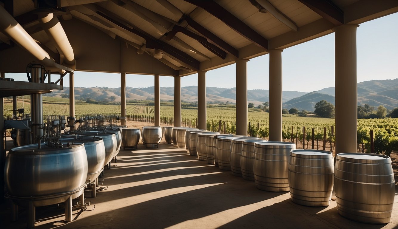 A modern winery with stainless steel tanks, oak barrels, and state-of-the-art machinery. Vineyards sprawling across rolling hills, with workers tending to the vines. A blend of traditional and innovative winemaking techniques