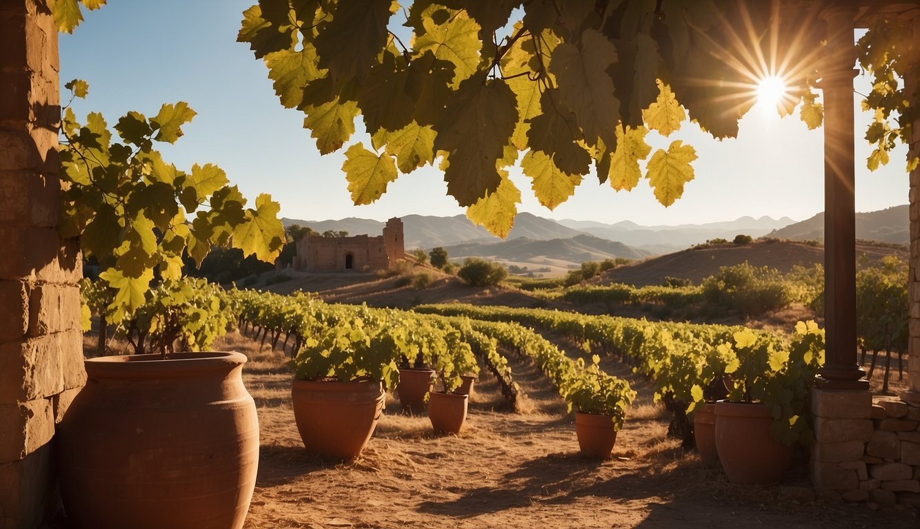 Vineyard landscape with ancient ruins, clay pots, and grapevines. Sunlight casts long shadows, evoking the birth of winemaking