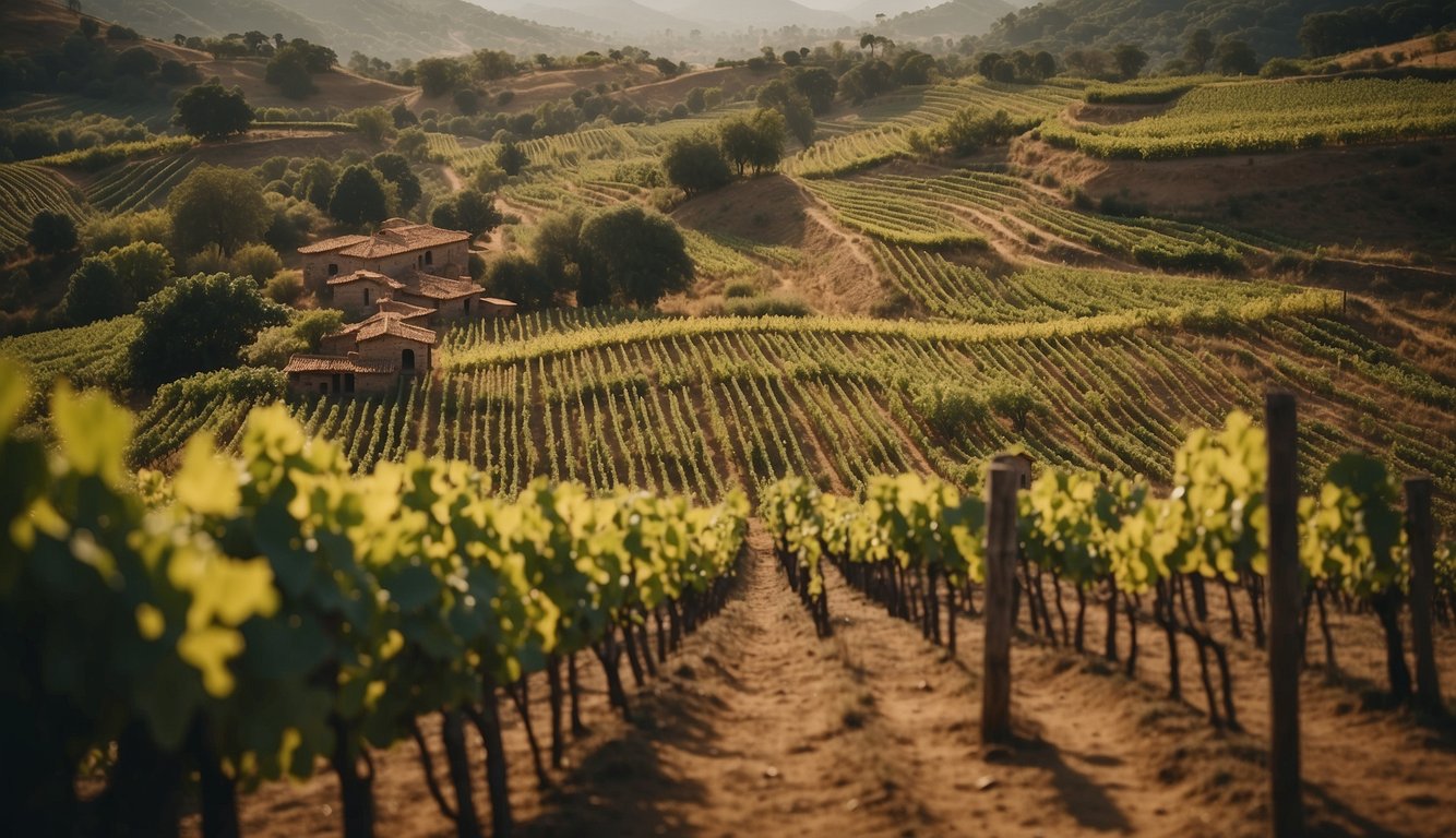 Vineyards sprawl across ancient landscapes, intertwining with early tools and vessels. Symbols of wine deities adorn temples, while artisans perfect pottery and irrigation systems