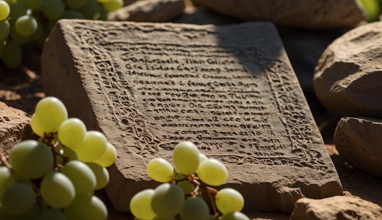 Ancient pottery shards, grape vines, and research texts surround a stone tablet inscribed with winemaking techniques
