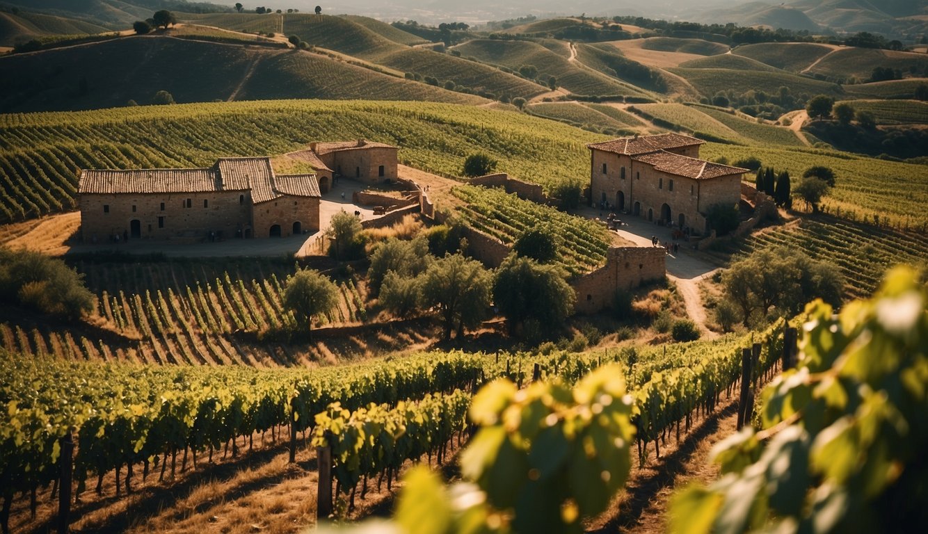 Vineyards sprawl across ancient landscapes, intertwining with historical ruins and modern winemaking facilities. A map traces the global spread of wine production