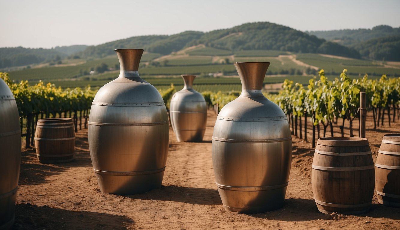 Vineyard landscape with ancient clay amphorae and modern stainless steel tanks, surrounded by traditional wooden barrels and high-tech machinery
