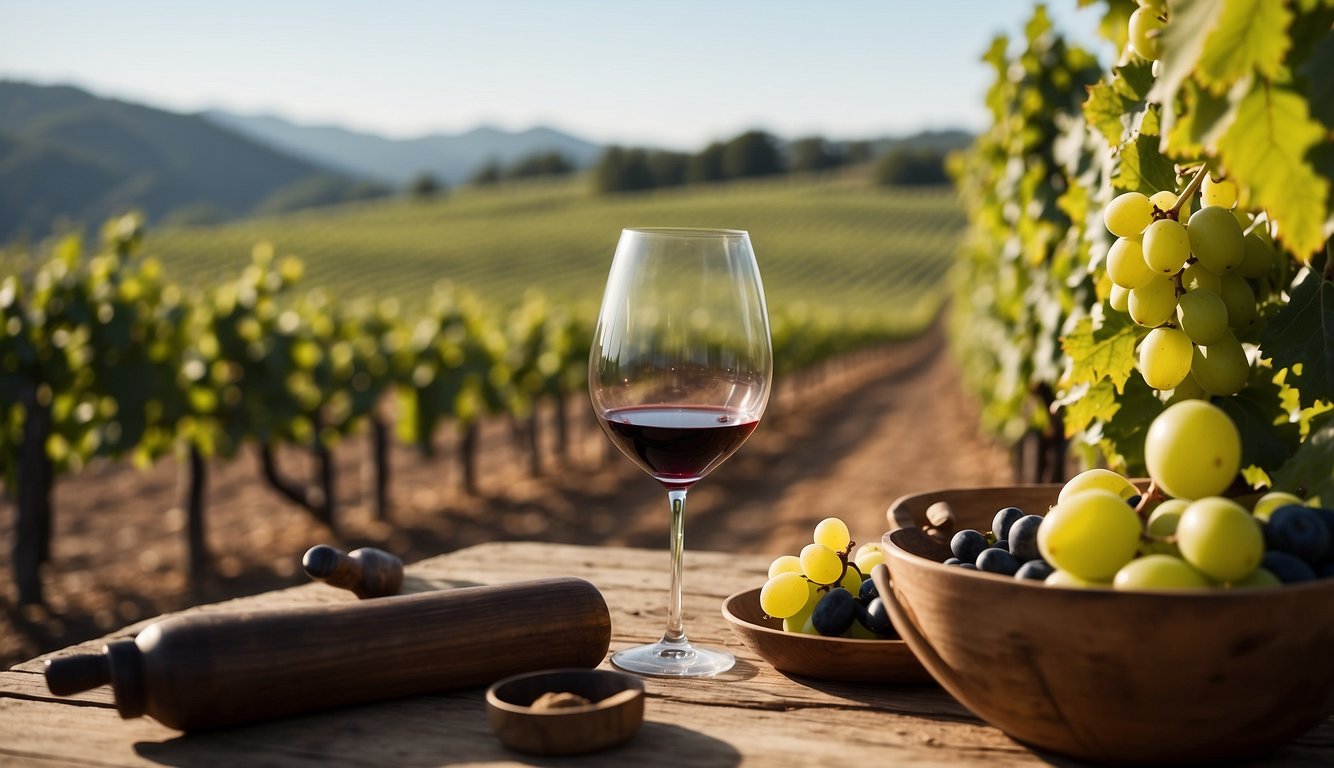 A vineyard with modern winemaking equipment and ancient tools, showcasing the evolution of winemaking techniques