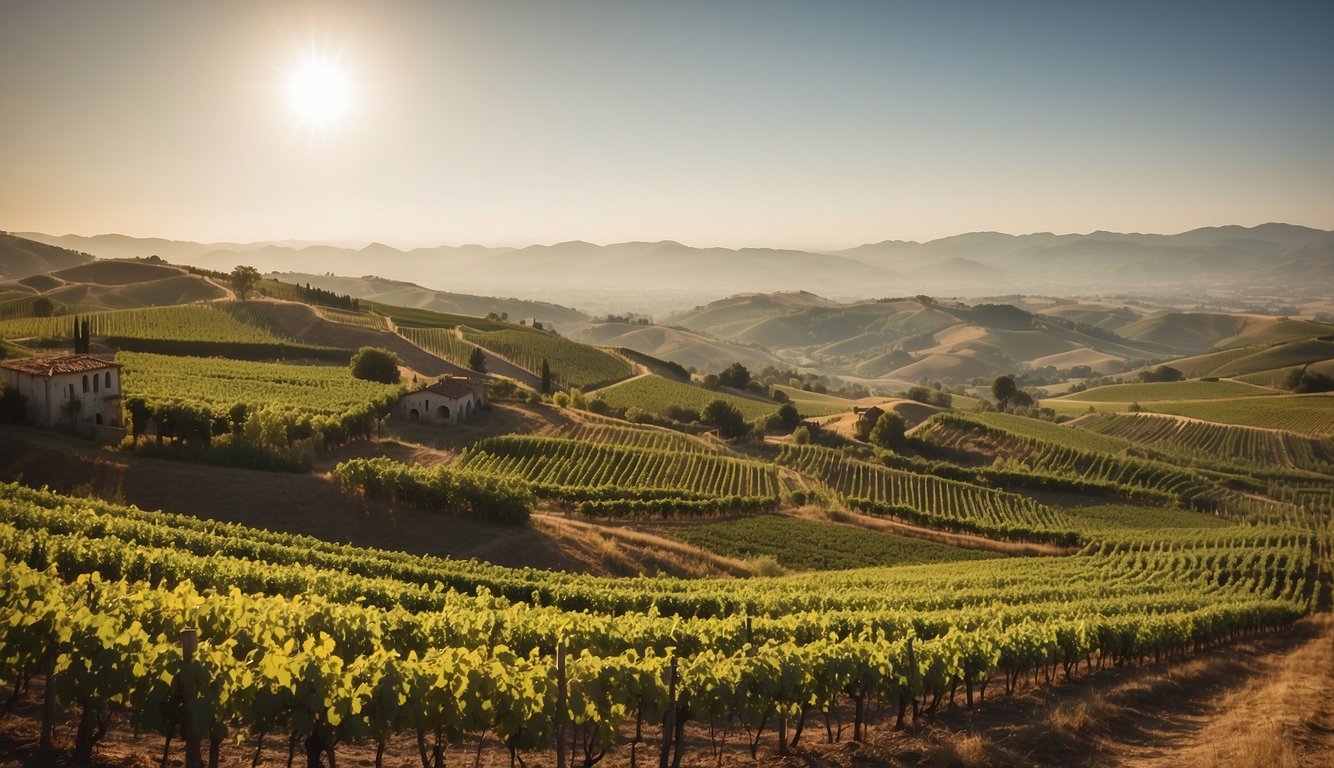 Vineyards sprawl across rolling hills, with workers tending to the grapevines. Old and new winemaking equipment dot the landscape, showcasing the evolution of techniques. The scene is set against a backdrop of historic and modern architecture, symbol