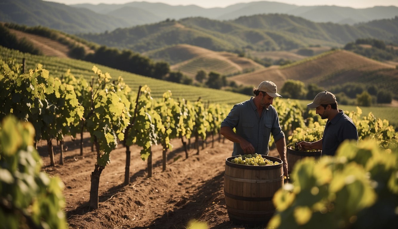 Vineyards stretch across rolling hills, with workers tending to the grapevines. Ships loaded with barrels of wine set sail for distant ports, symbolizing the global spread of winemaking