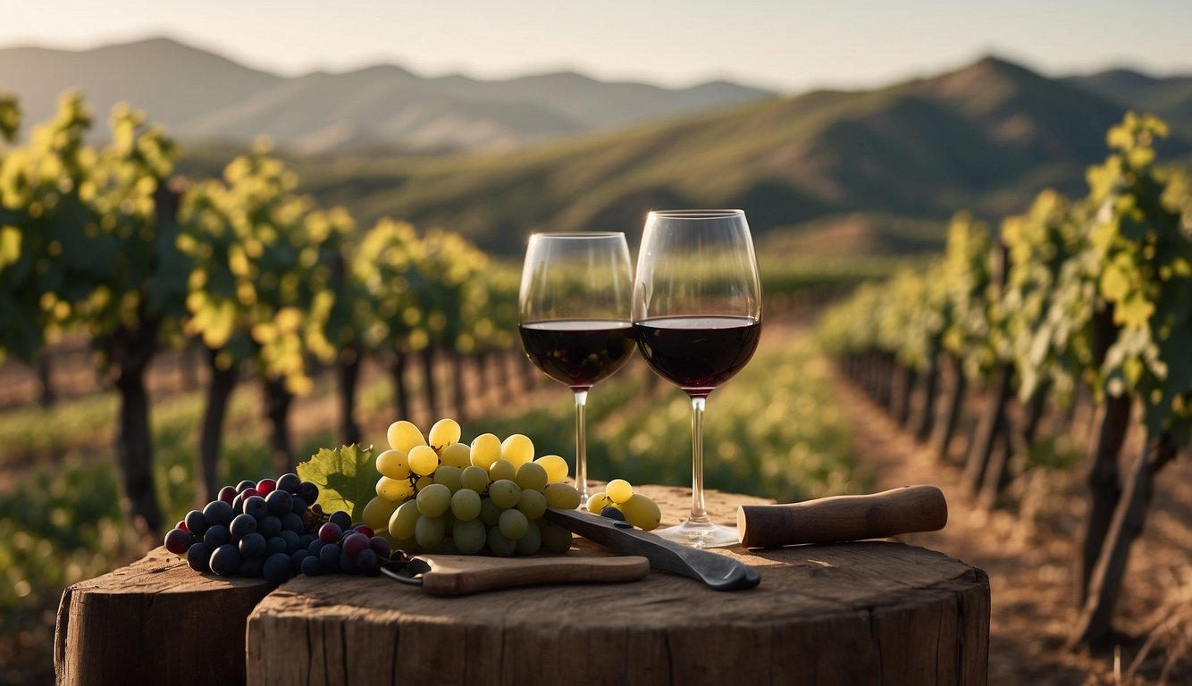 Vineyards spanning across rolling hills, with ancient winemaking tools and techniques depicted in chronological order