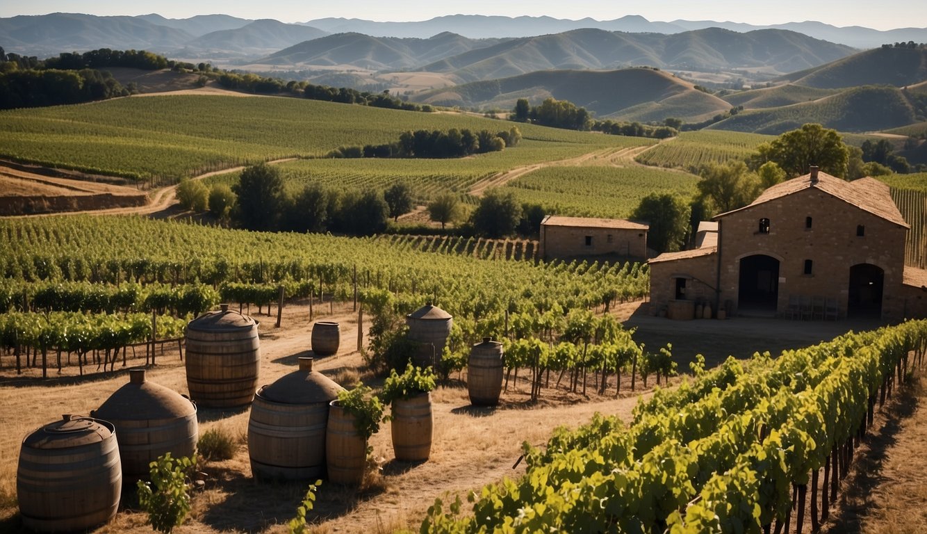 Vineyards stretching across rolling hills, with ancient stone wine presses and modern stainless steel tanks, symbolizing the evolution of winemaking