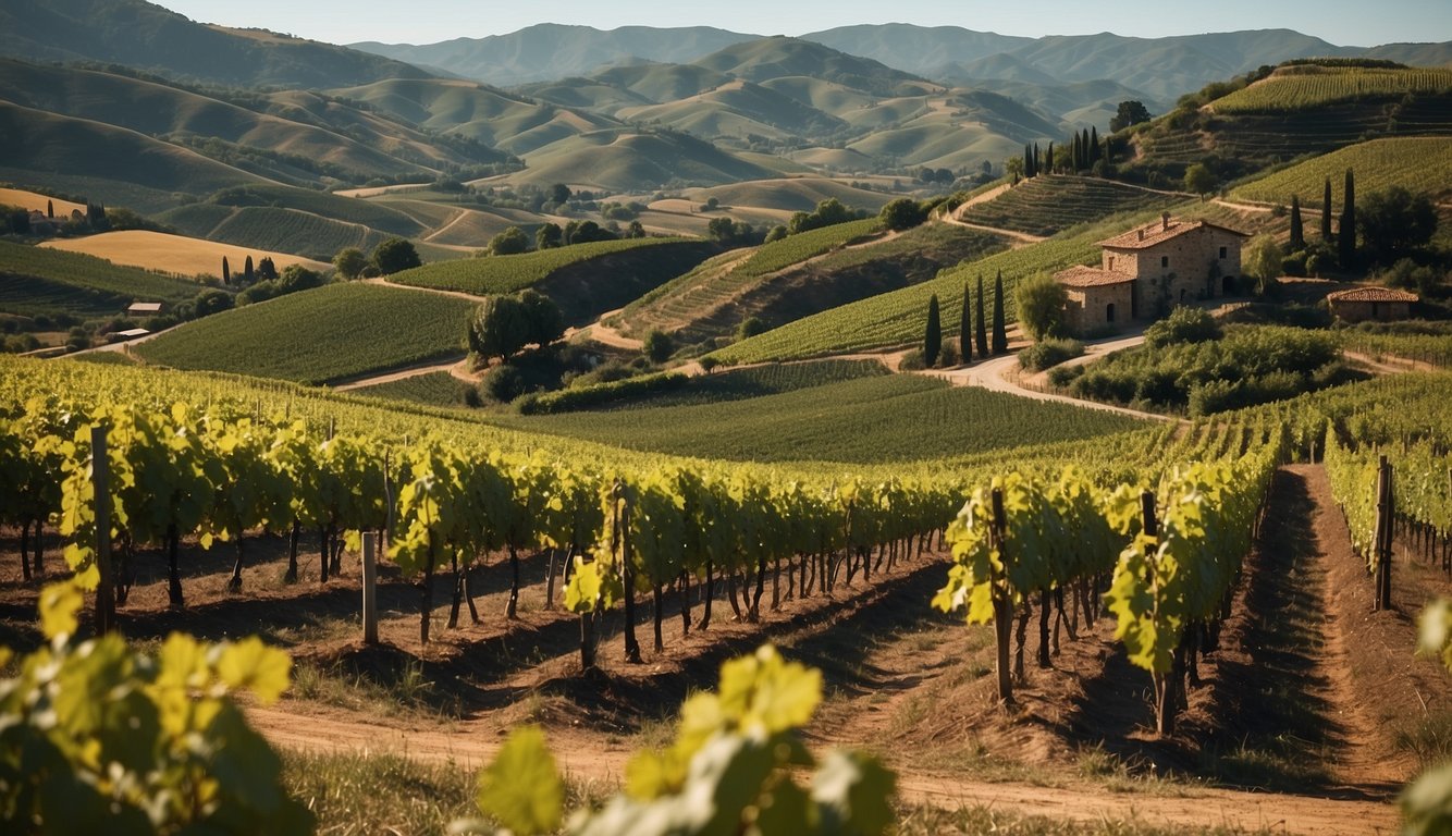Lush vineyards sprawl across rolling hills, dotted with quaint villages. A timeline of wine history weaves through the landscape, showcasing key milestones
