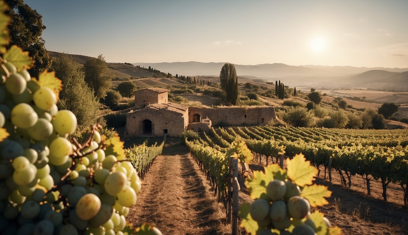 Vineyard with ancient ruins, offering wine to gods, trade caravans, and social gatherings
