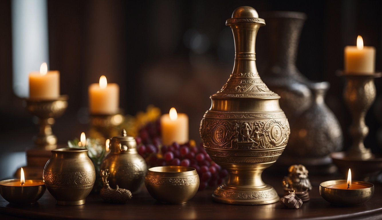 A sacred vessel pours wine onto an altar, surrounded by offerings and symbols of ancient religious and social significance