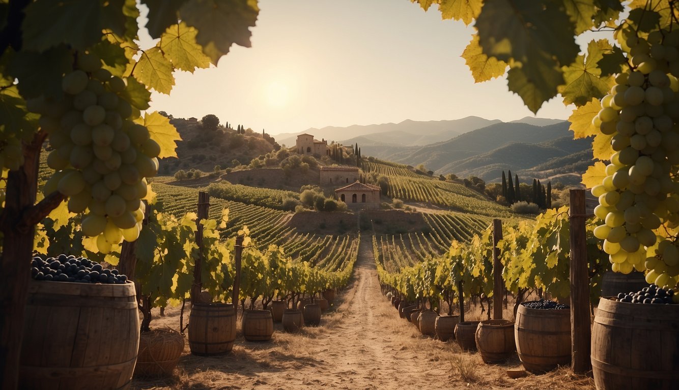 Vineyard landscape with ancient temple, marketplace, and trade routes. Grapes, amphorae, and currency symbolize wine's religious, social, and economic significance