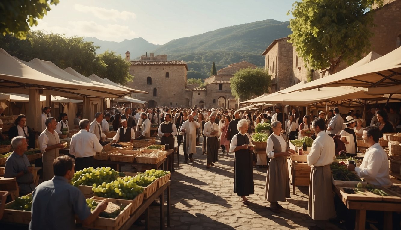 A bustling ancient marketplace with people exchanging goods, sharing wine, and engaging in religious ceremonies. Vineyards and wine production in the background
