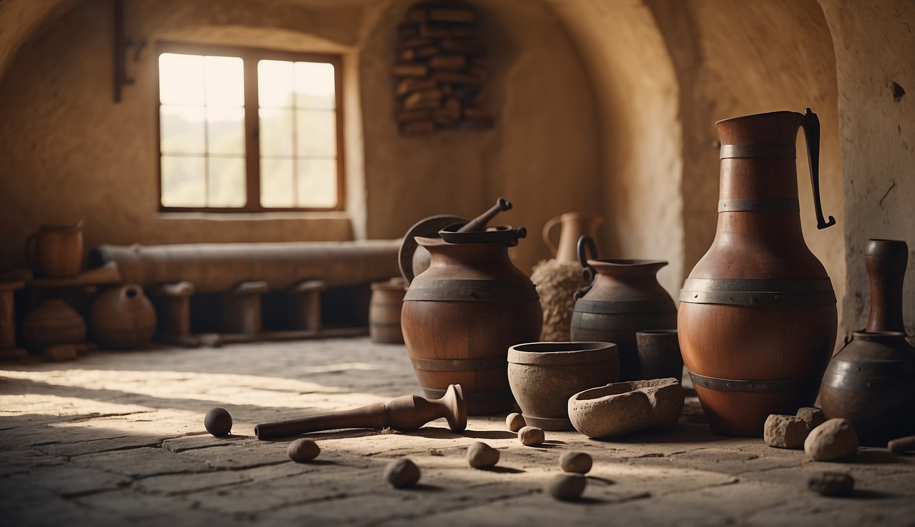 Ancient winemaking tools scattered on a stone floor, with amphorae resting against the walls and a large wooden press in the center of the room