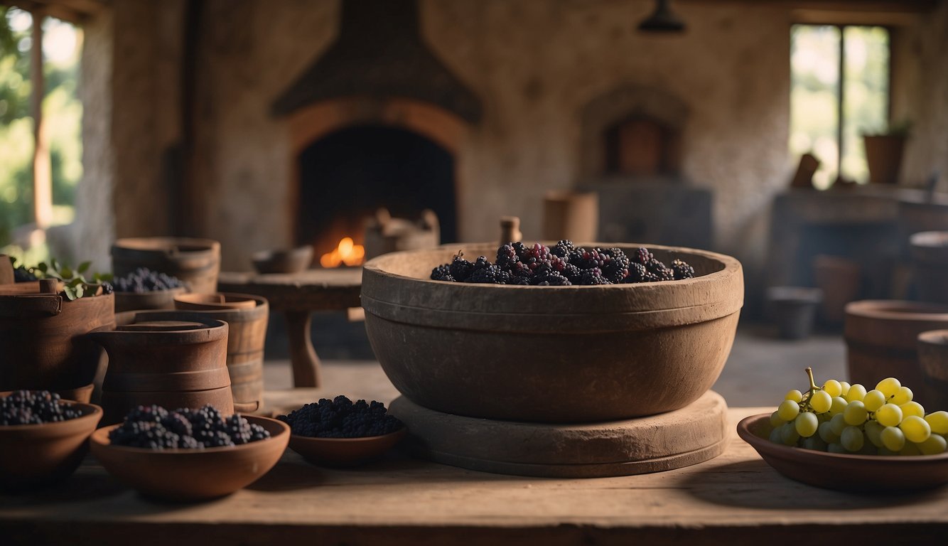 An ancient winemaking scene: A stone press crushes grapes, while clay pots and wooden barrels line the room. A fire pit heats the room, and workers use hand tools to tend to the process