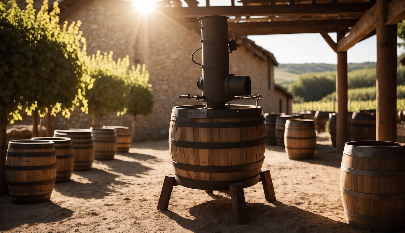 A traditional wooden wine press stands in a sunlit vineyard, surrounded by barrels and clay vessels. A stone fermentation pit sits nearby, showcasing ancient winemaking practices