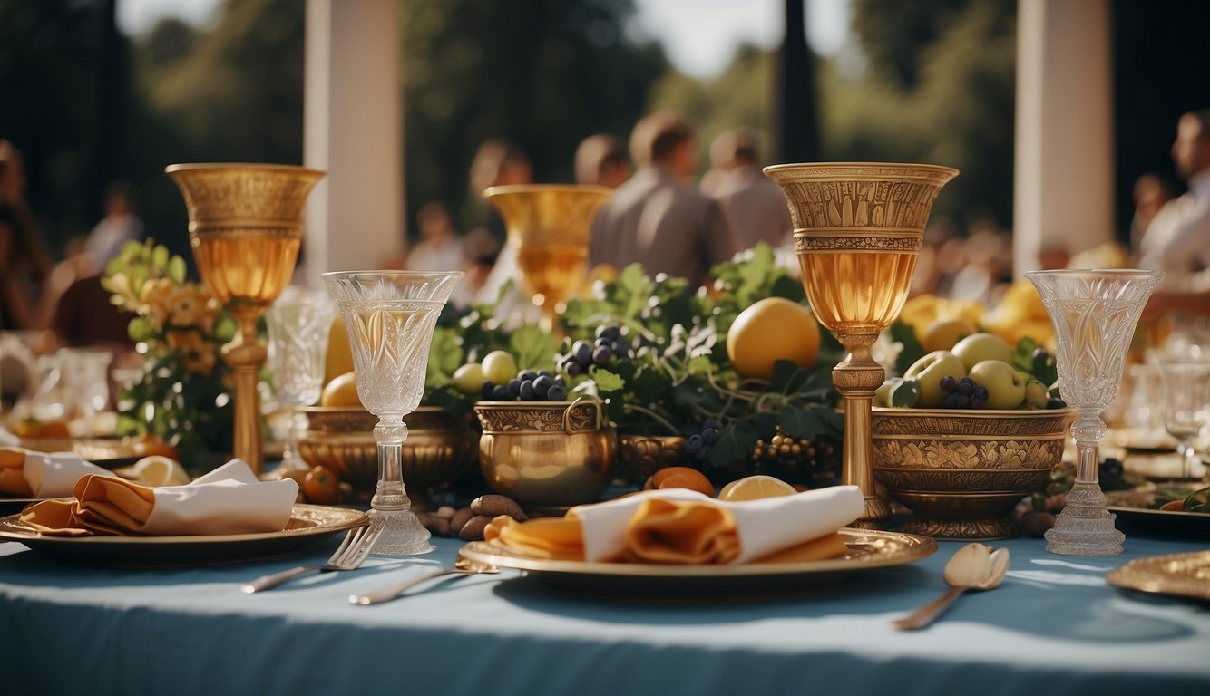 A banquet table adorned with amphorae and goblets, surrounded by revelers in ancient Greek and Roman attire