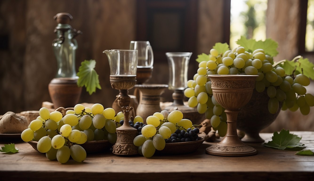 A table with grapes, vines, and amphorae surrounded by ancient Greek and Roman symbols and artifacts