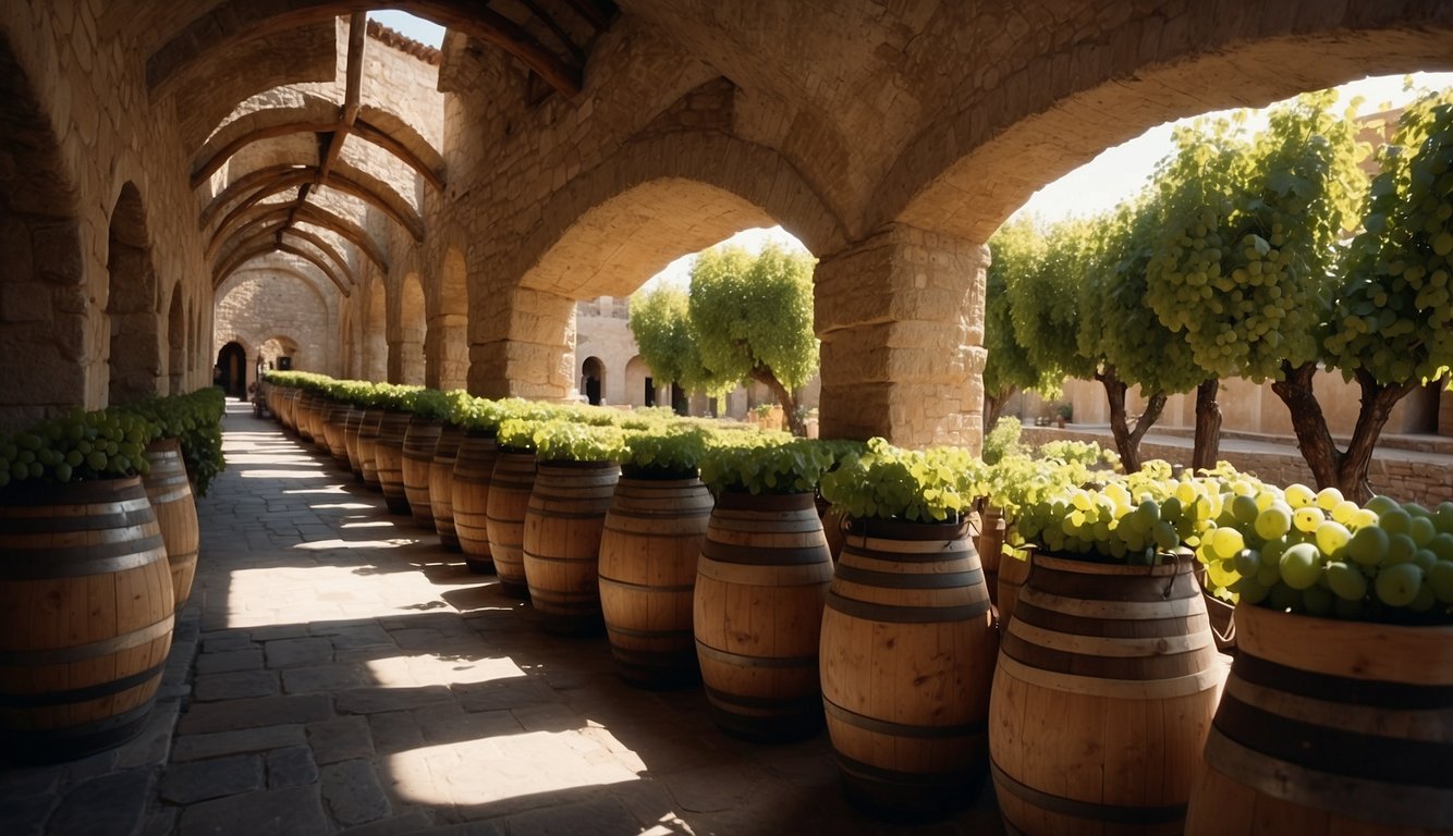 Vineyards and amphorae line bustling marketplaces, showcasing the integral role of wine in trade and social gatherings in ancient Greek and Roman societies