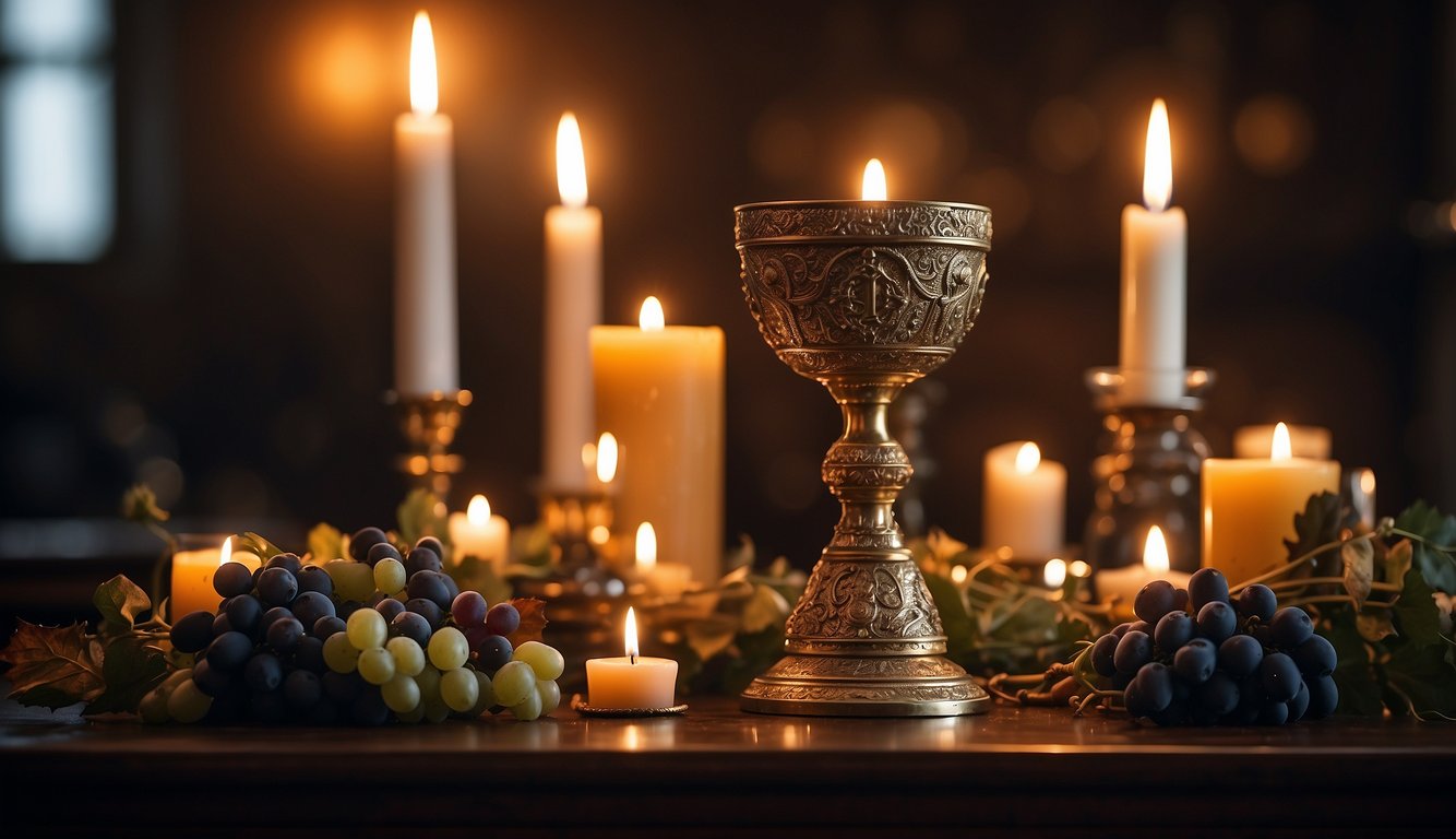A ceremonial chalice filled with wine sits atop an ornate altar, surrounded by flickering candles and ancient religious symbols