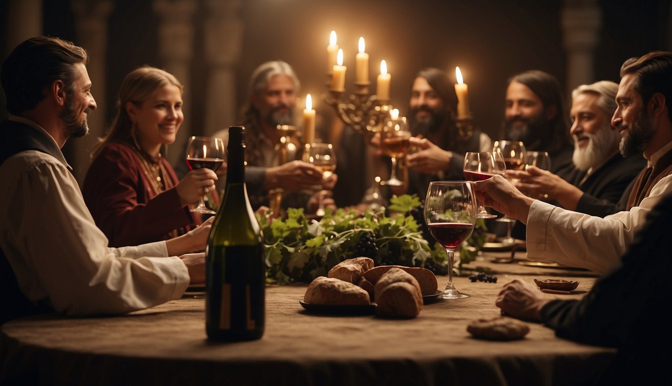 A group of people gather around a large table, adorned with ancient artifacts and symbols of religious significance. They raise glasses of wine in a ceremonial toast, highlighting the enduring role of wine in religious rituals throughout history