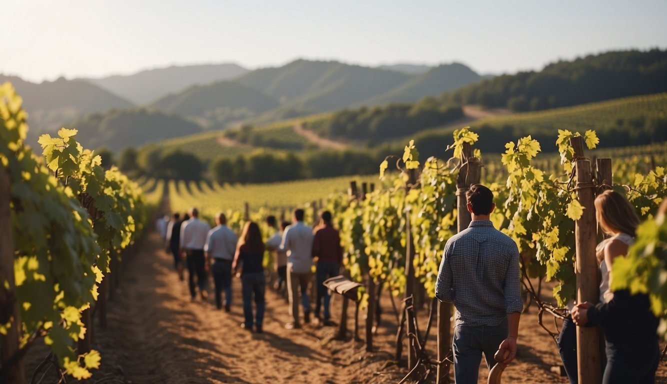 A vineyard with rows of grapevines stretching into the distance, a winery with large barrels, and a group of people conducting a religious ceremony with wine