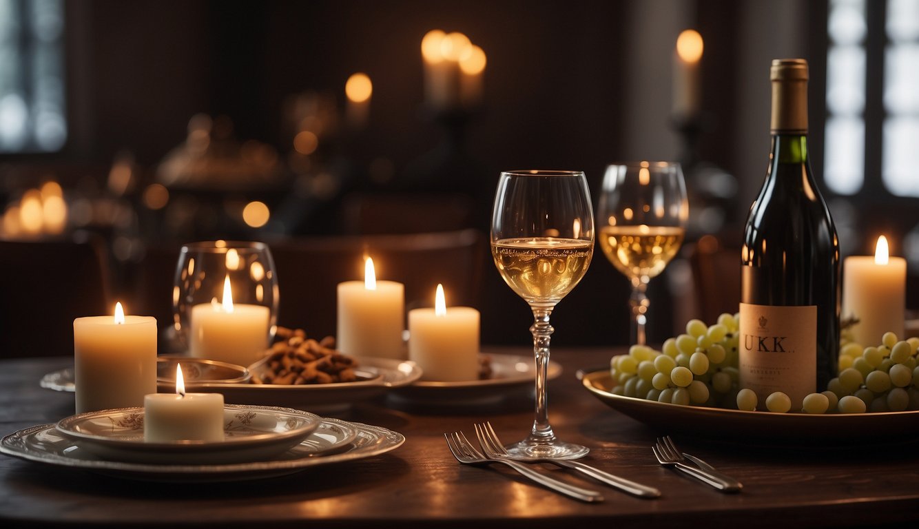 A table set with wine, candles, and religious symbols. A modern space with ancient influences