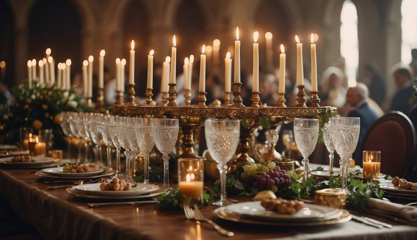 A grand banquet table adorned with overflowing goblets of wine, surrounded by jovial guests in opulent medieval attire