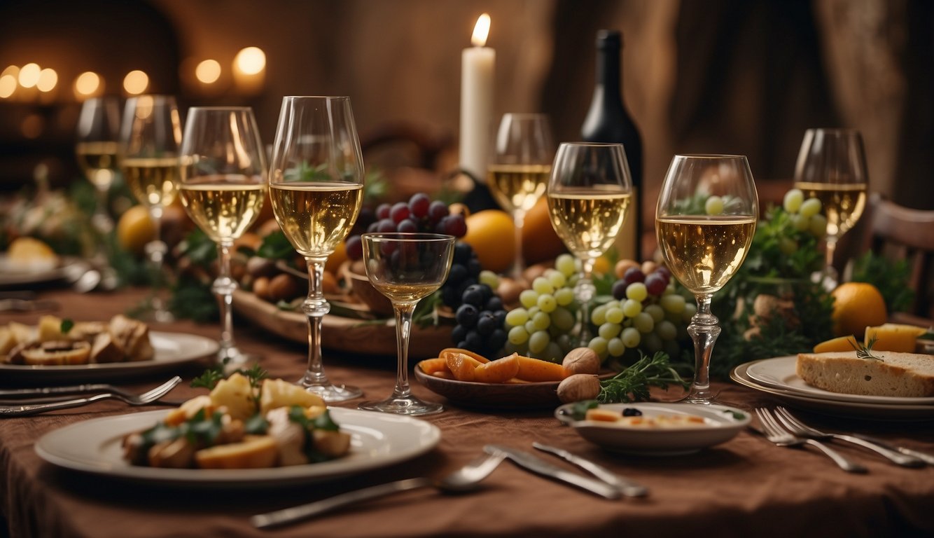 A grand banquet table adorned with an array of medieval European dishes and a variety of wine goblets, symbolizing the significance of wine in feasts and festivals