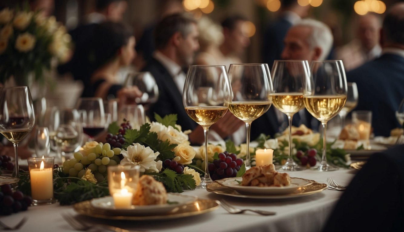 A lavish banquet table adorned with an array of fine wines, surrounded by elegantly dressed nobles engaged in lively conversation