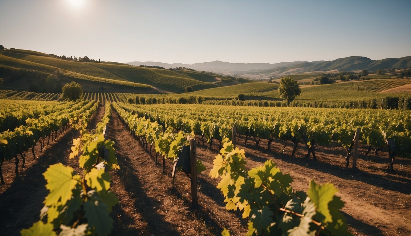 A vineyard with rows of grapevines stretching into the distance, a winery with large oak barrels, and a bustling marketplace with people enjoying glasses of wine