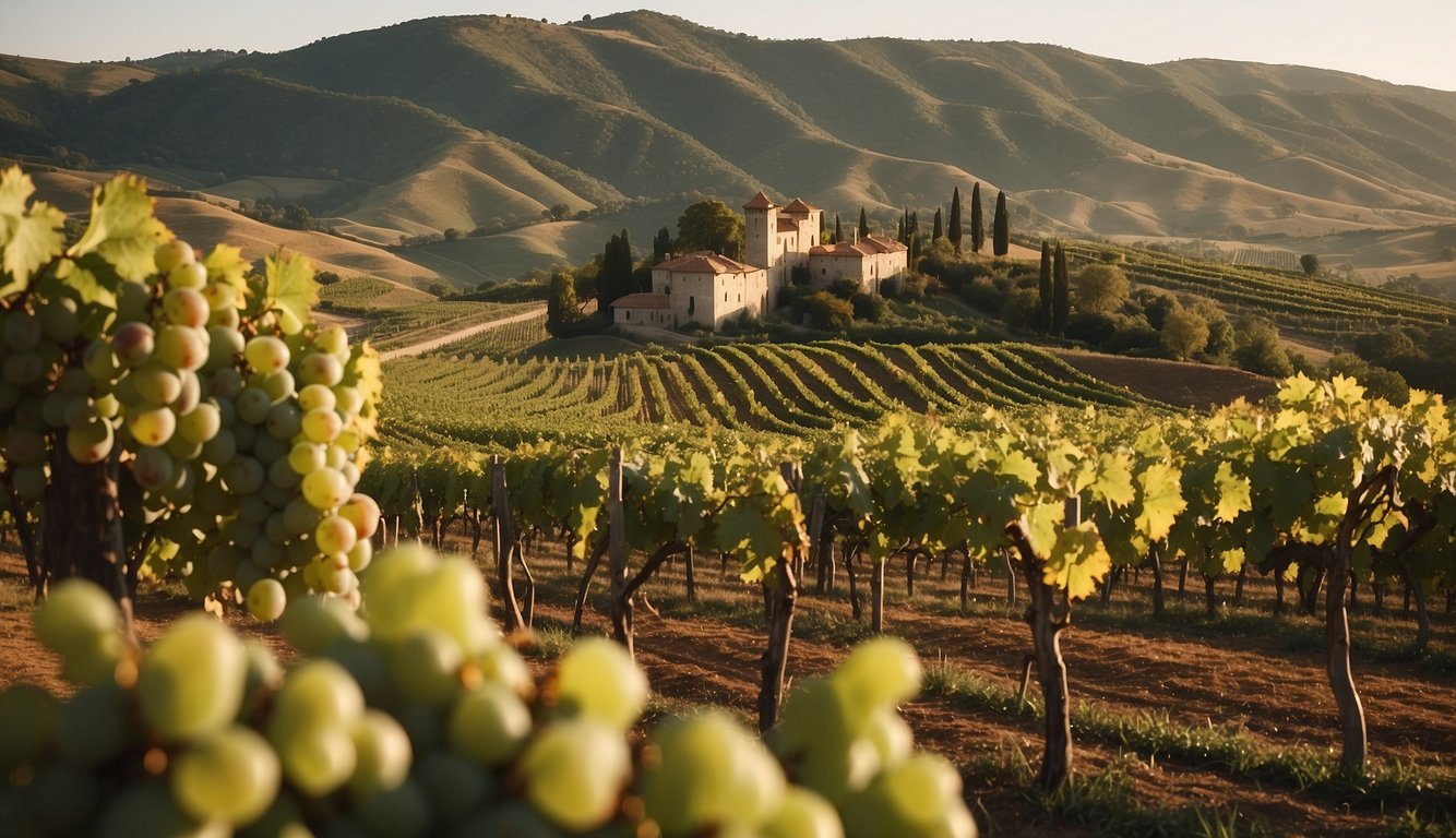 Vibrant vineyards sprawl across rolling hills, with grapevines twisting and intertwining. A grand Renaissance castle overlooks, while artists sketch and paint amidst the lush landscape