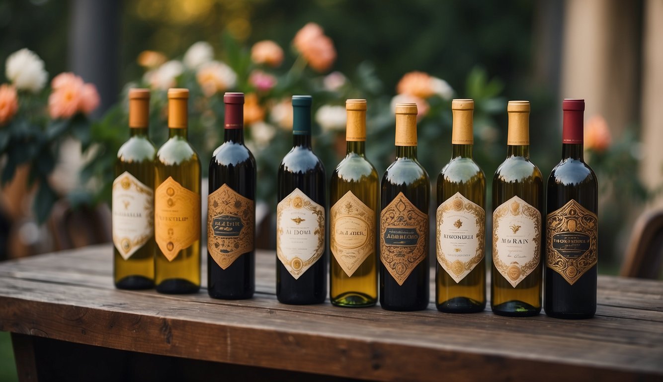 A table adorned with an array of ornate wine bottles from different historical eras. A festive atmosphere with colorful banners and floral decorations