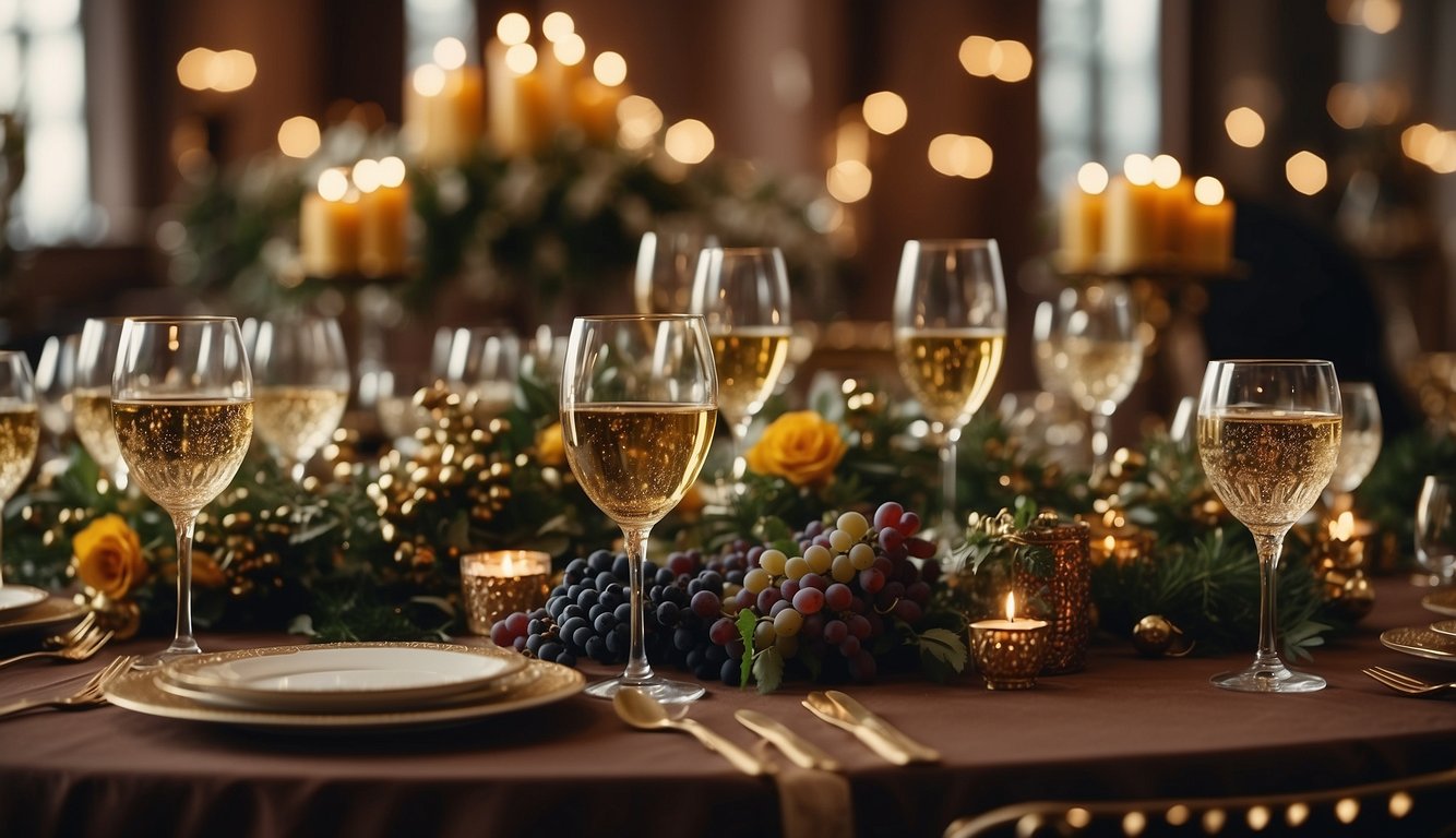 A grand banquet table adorned with an array of vintage wine bottles and ornate goblets, surrounded by festive decorations and joyful guests