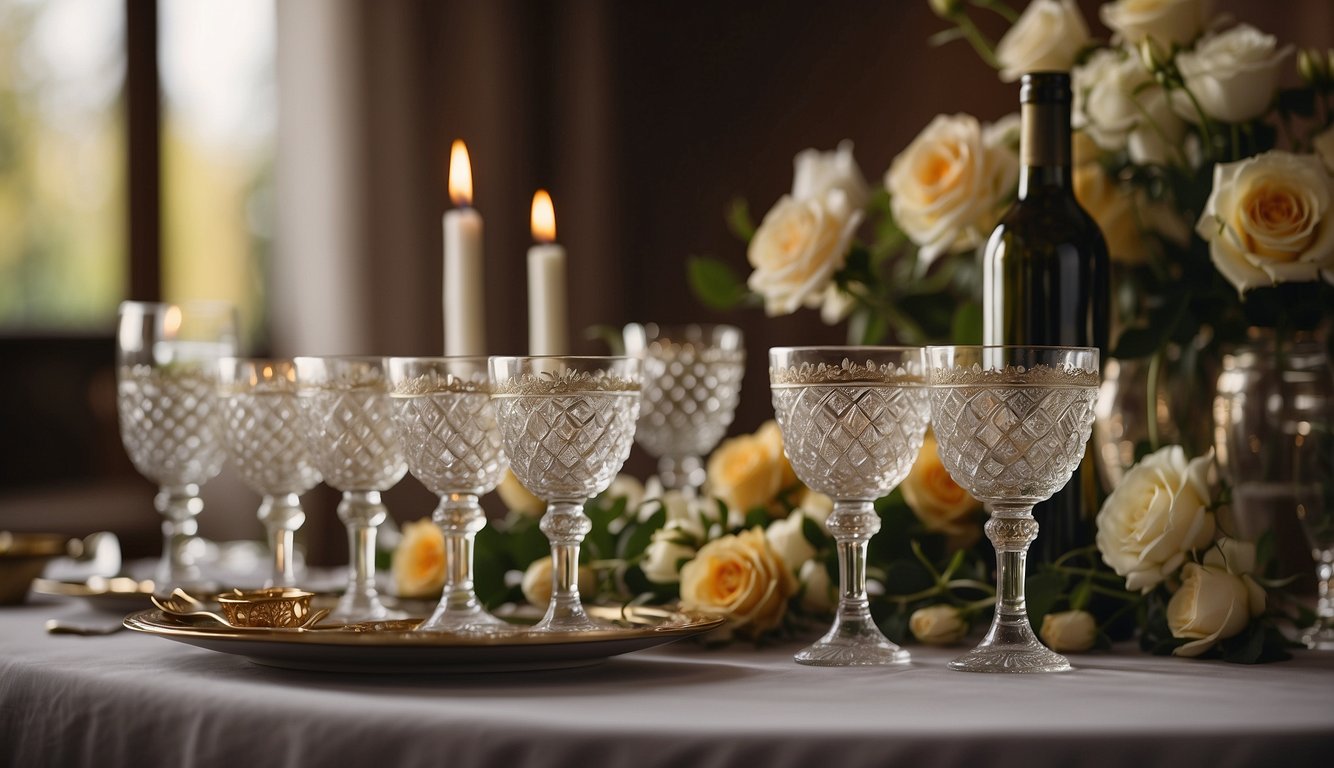 A table adorned with ornate wine goblets and bottles, surrounded by flowers and candles. A sense of elegance and celebration fills the air