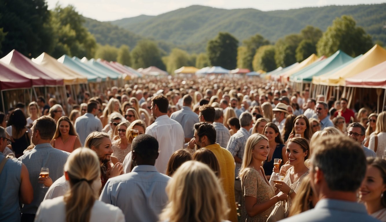 A bustling wine festival with colorful tents, live music, and dancing crowds. Tables adorned with bottles of wine and overflowing glasses. Joyful celebration and communal togetherness