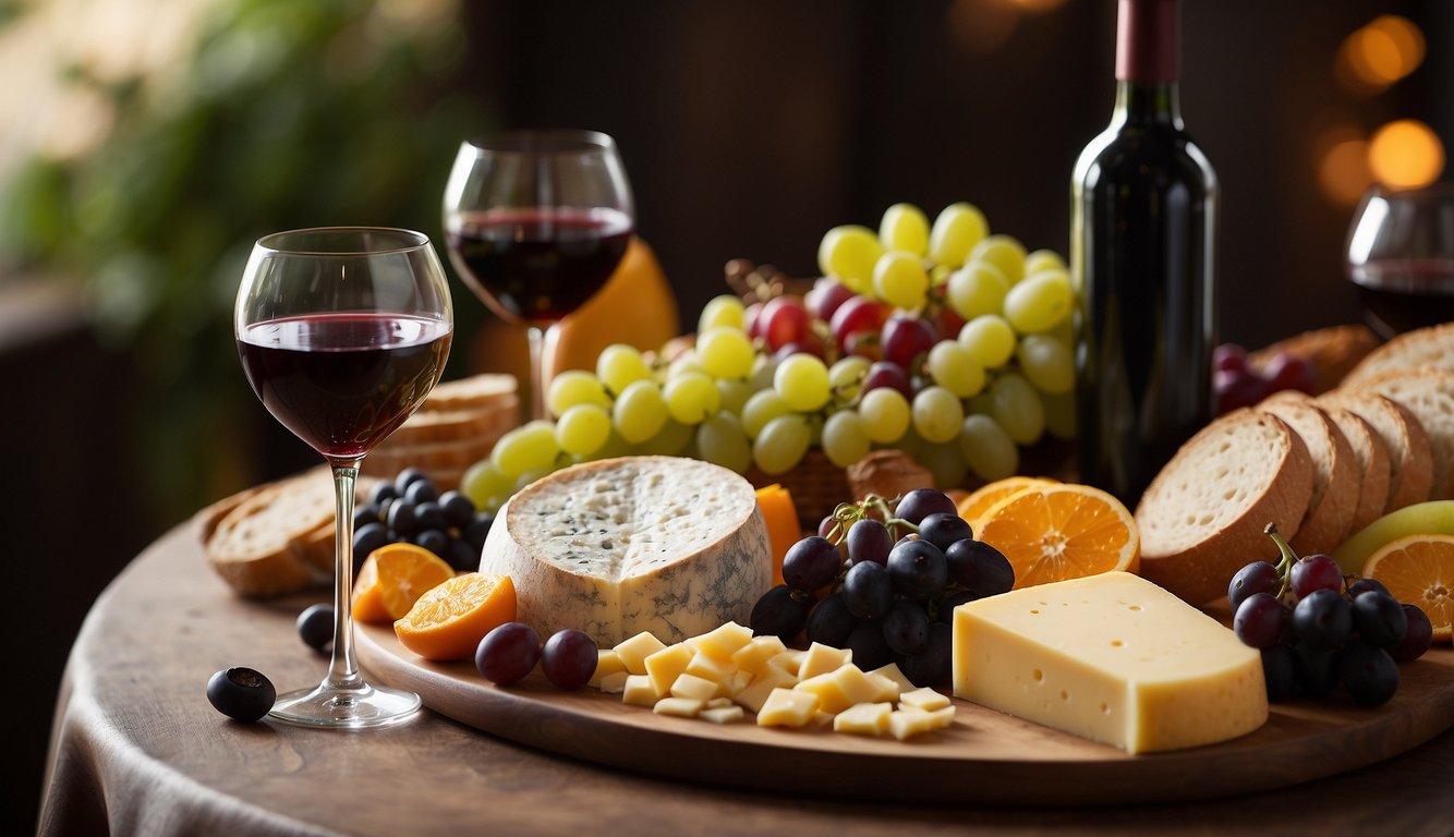 A table set with a variety of historical wine and cuisine pairings, including cheeses, fruits, and breads, arranged in an elegant and inviting manner
