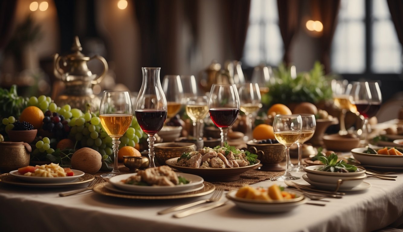 A banquet table adorned with ancient wine vessels and diverse cultural food dishes from different historical periods