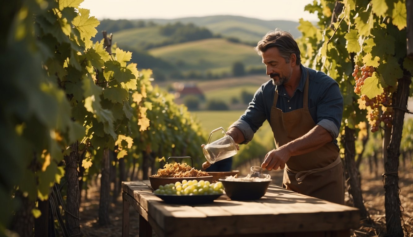 Rolling vineyard hills meet a rustic farmhouse. Grapes dangle from the vines, while a chef prepares a feast in the kitchen