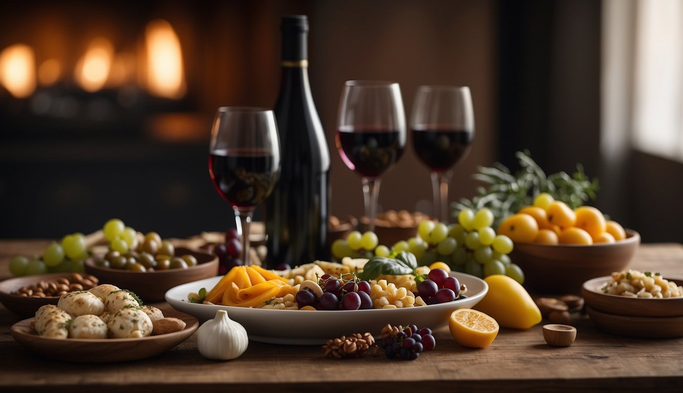 A table adorned with diverse cuisines and wine bottles from different continents, showcasing the historical pairings and cultural significance of wine and cuisine