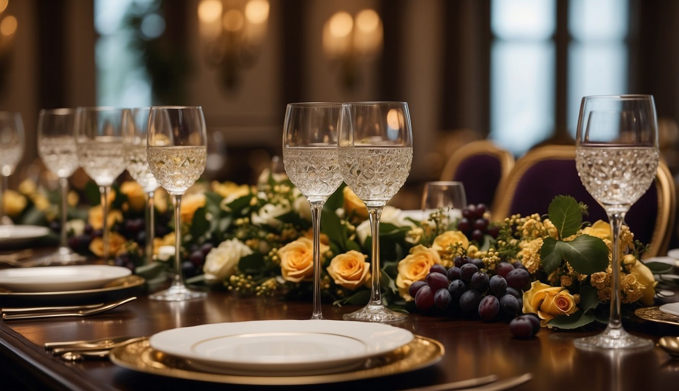 A grand banquet table with opulent wine glasses and bottles, surrounded by elegant décor and luxurious furnishings, symbolizing wealth and social status