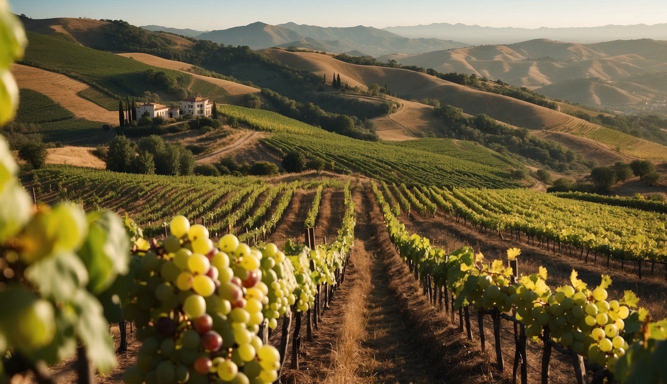 Lush vineyards sprawl across rolling hills, ripe grapes glistening in the sun. Opulent estates overlook the landscape, symbolizing wealth and prestige