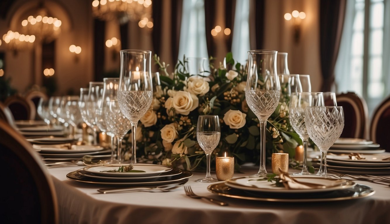 A grand banquet table with opulent wine glasses, surrounded by elegant decor and luxurious furnishings, showcasing the historical association between social status and wine consumption