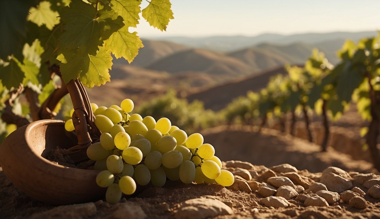 Lush grapevines sprawl across sun-drenched hills. A group of ancient Mesopotamians crush grapes into a large clay vessel, beginning the process of winemaking