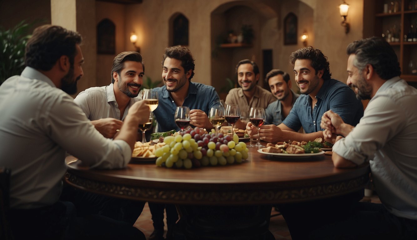 A group of Greek men gather around a large, ornate table, adorned with wine vessels and food. They engage in lively conversation and debate, with a sense of camaraderie and intellectual exchange
