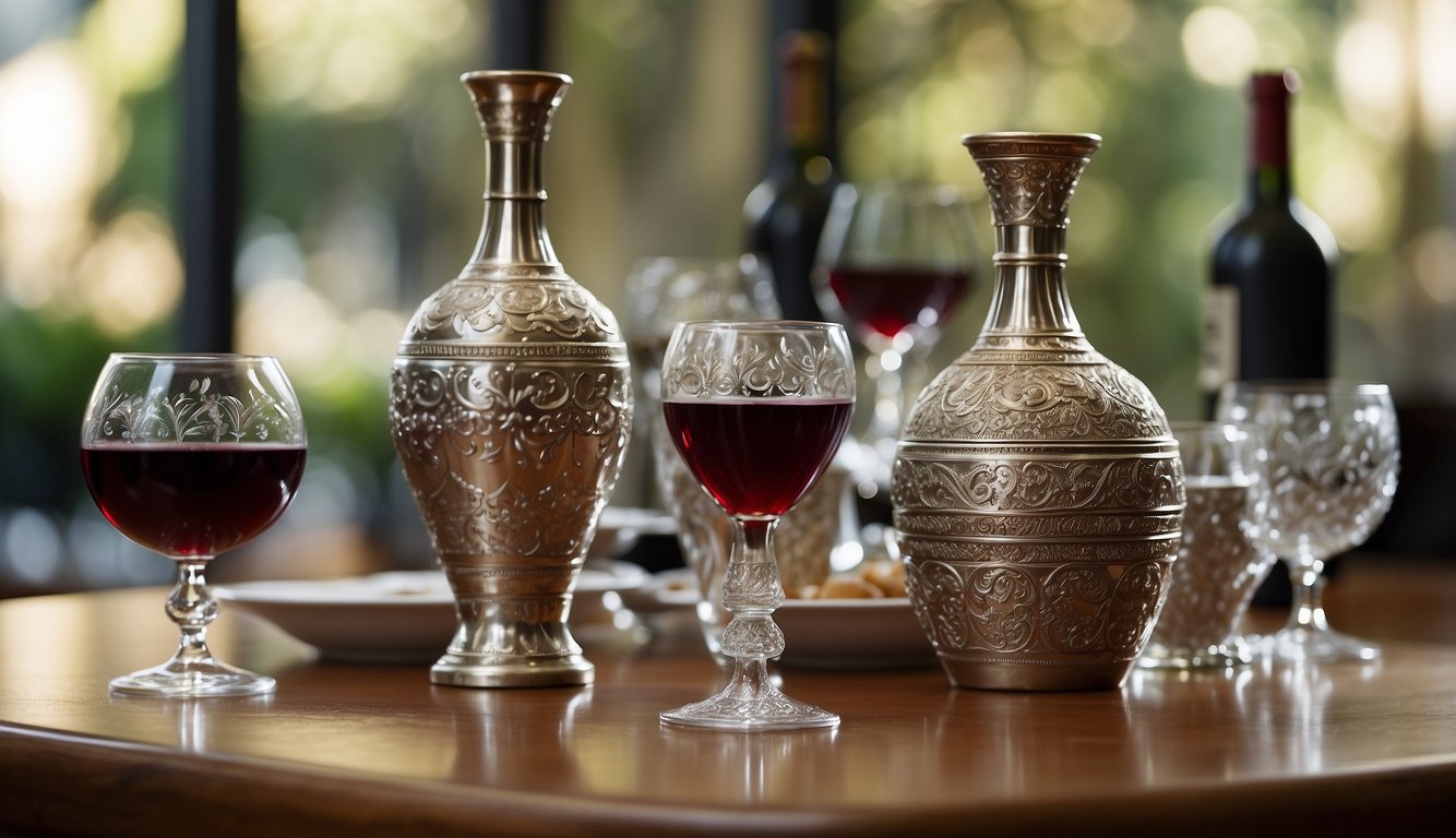 A group of ornate wine vessels and cups arranged on a table, surrounded by lively conversation and debate. A sense of camaraderie and intellectual exchange fills the air